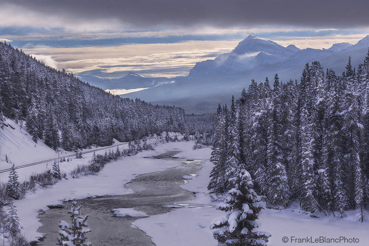 Snow had fallen for several days and the entire valley as well as the mountains beyond are enshrouded in mist and fog. The Bow...