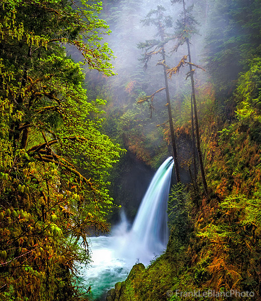 Photographed from high above with mist rising upward into the surrounding forest. Rain ceased momentairly to allow this beautiful...
