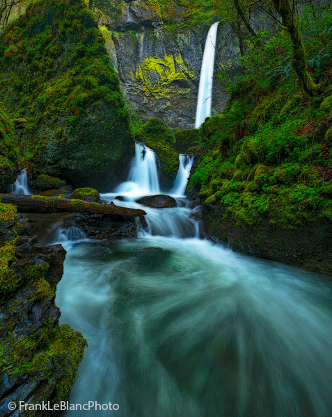 Elowah fall plummets straight down against the backdrop of a painted vertical rock face. Then it settles into a calmer, gardenlike...