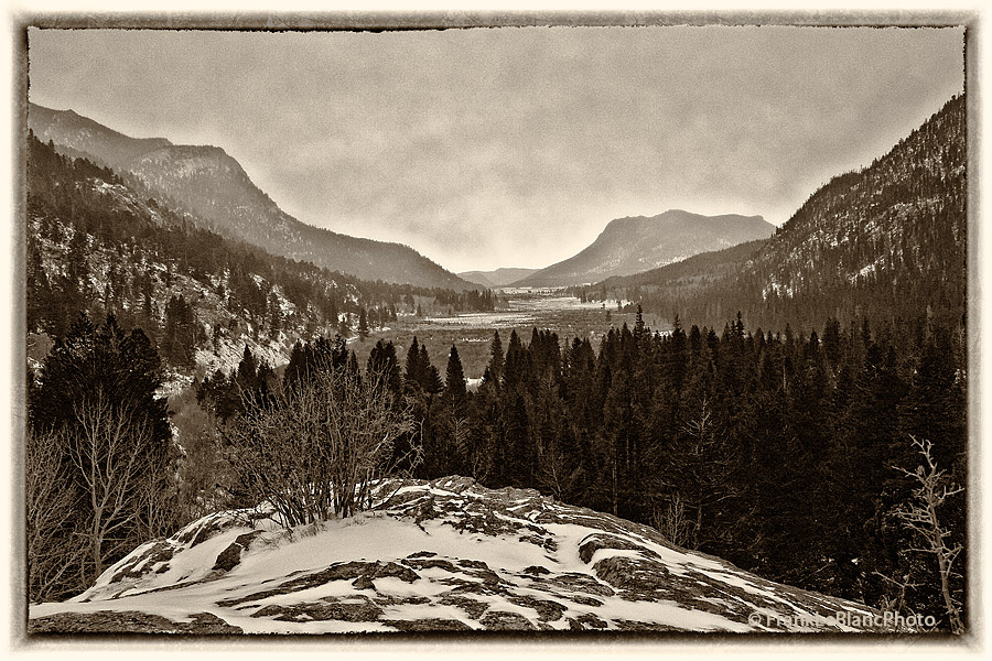 Moonrise over Endovalley and Horseshoe Park in Rocky Mountain National Park. A soft glow with snow flurries on new years eve...
