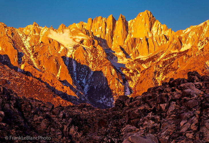 Keeler Needles and Mt. Whitney from Alabama Hills. This photo was taken in March 2013 and as can be seen there is not much snow...